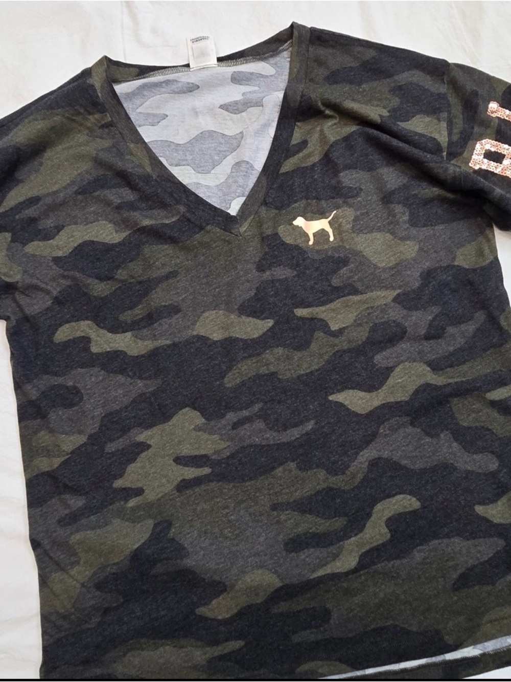 PINK Woman’s Lg Y2K Era Camo V-Neck Tee with Gold Dog Logo Gold Sleeve Sequins